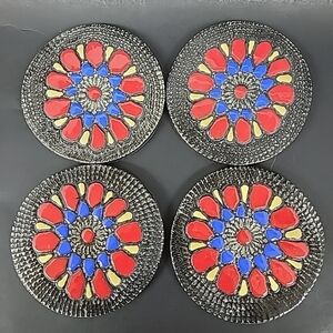Red Dog Turkish Handpainted Ceramic Coasters Floral Design Signed Set Of 4